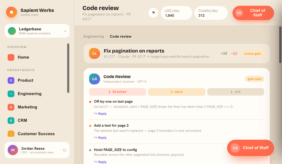 Code review gated by an independent reviewer